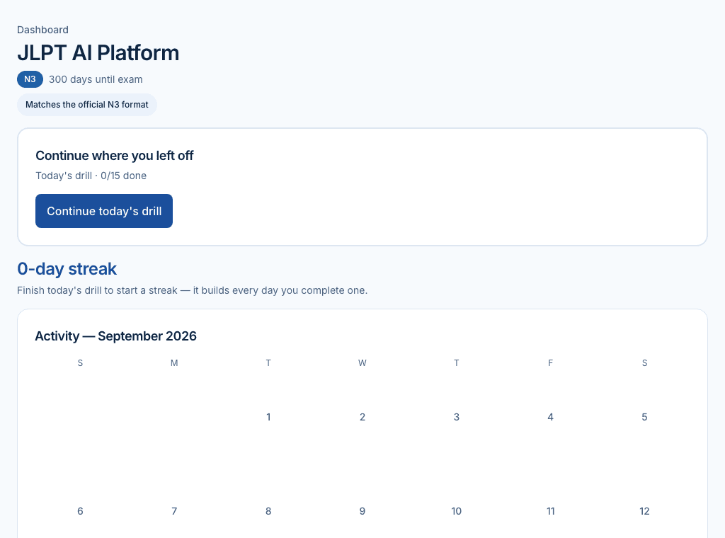 Dashboard showing streak, activity calendar, and continue-studying prompt