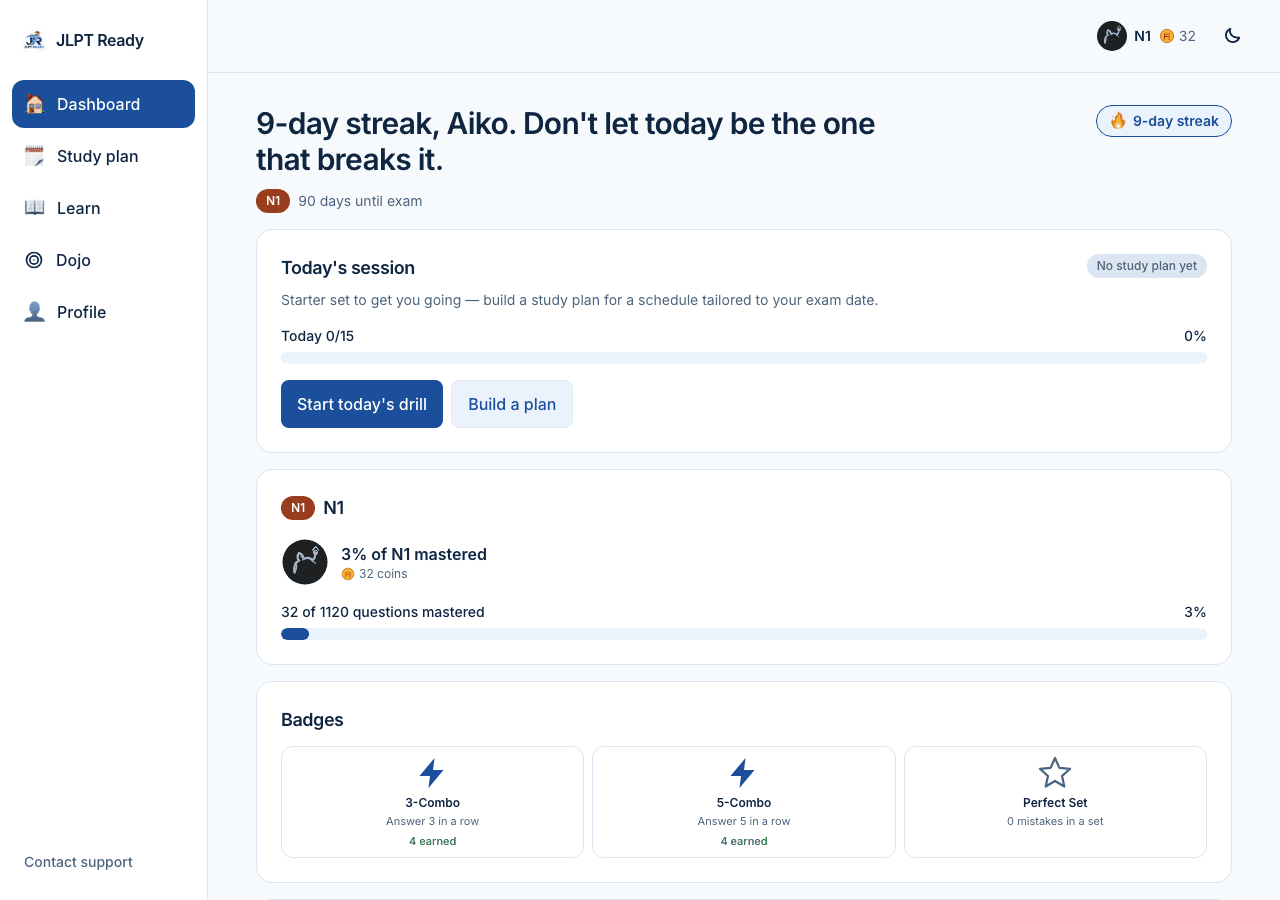 Dashboard showing streak, activity calendar, and continue-studying prompt