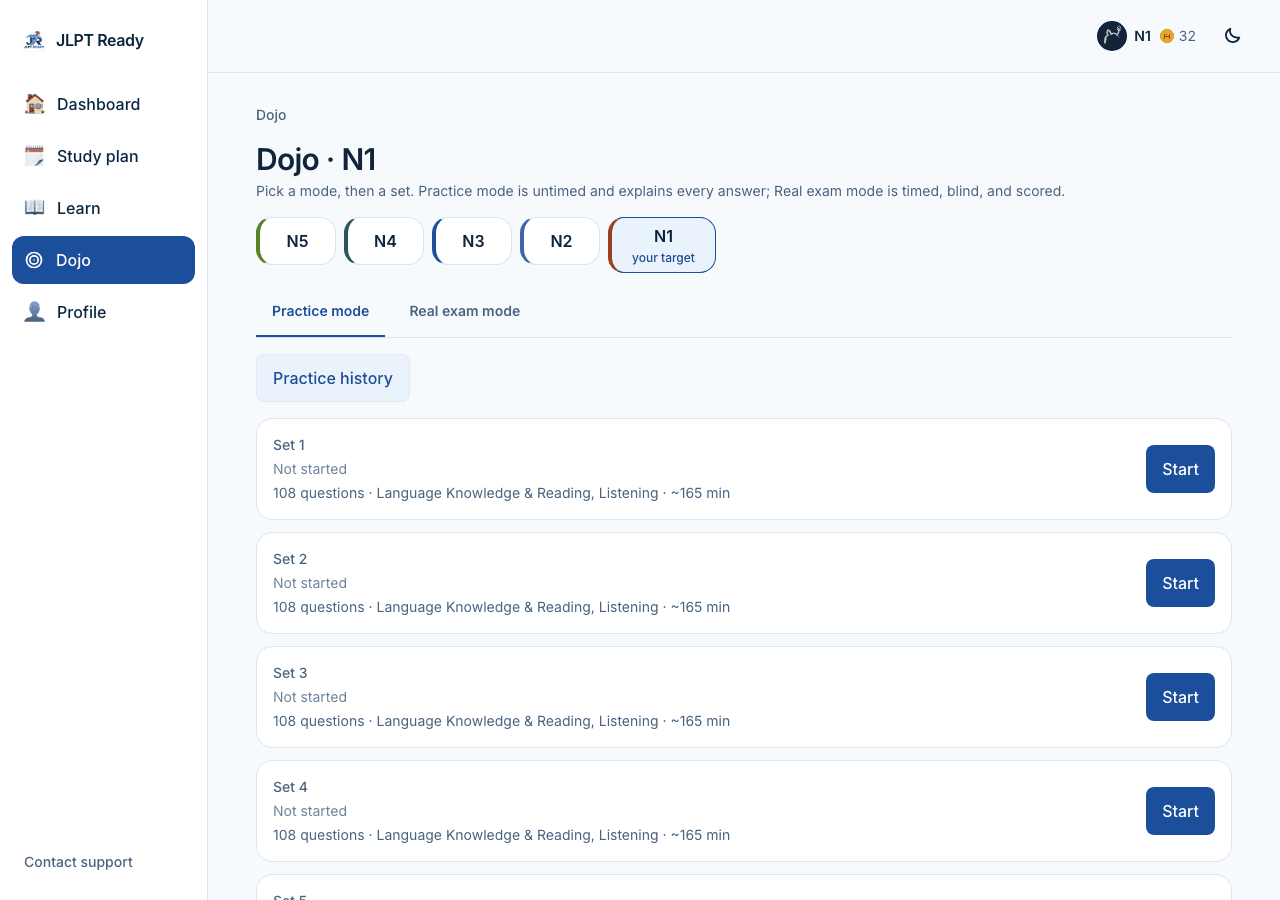 Dojo practice mode showing a list of N5 exam-format practice sets