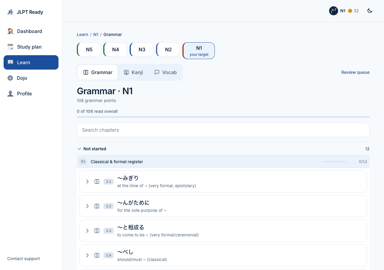 Learn section showing N5 vocabulary chapters