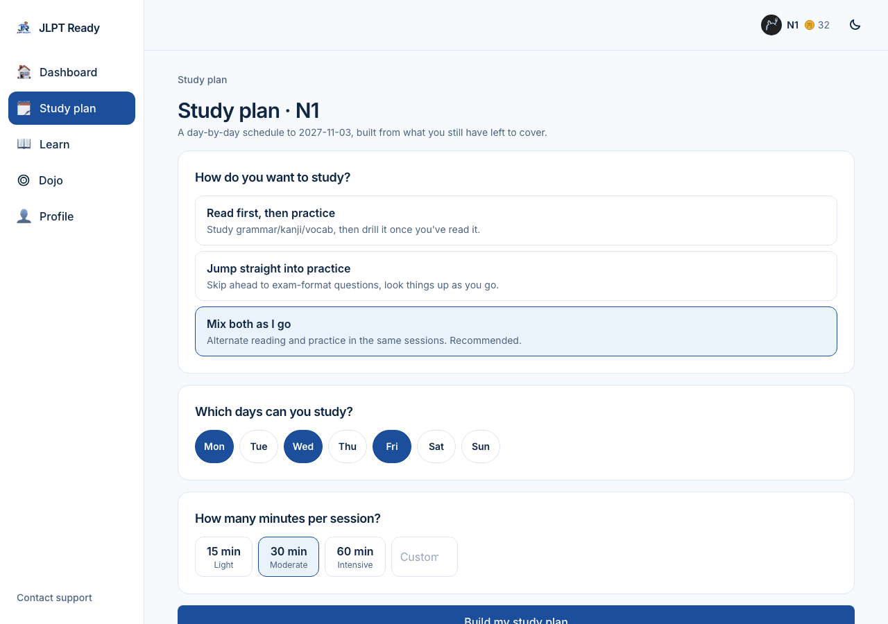 Study plan setup showing weekly schedule and session length options